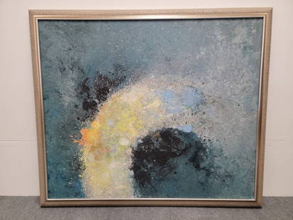 BARUJ SALINAS ABSTRACT OIL ON CANVAS PAINTING: Baruj Salinas abstract oil on canvas painting in a metallic silver finish frame. Signed upper right. Measures (frame) 47" tall x 54.5" wide, and (sight) 41.5" tall x 49.5" wide. Condition: good, no da