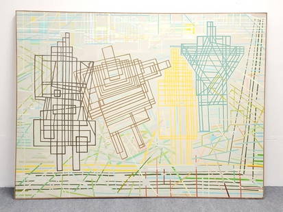 ALEXANDER NEY ABSTRACT OIL ON CANVAS PAINTING: Alexander Ney (Russian, b. 1939) abstract modernist oil on canvas painting in a simple wooden frame. Measures a total of 54.5" tall x 72.75" wide x 1.5" thick (including frame). Signed and dated verso
