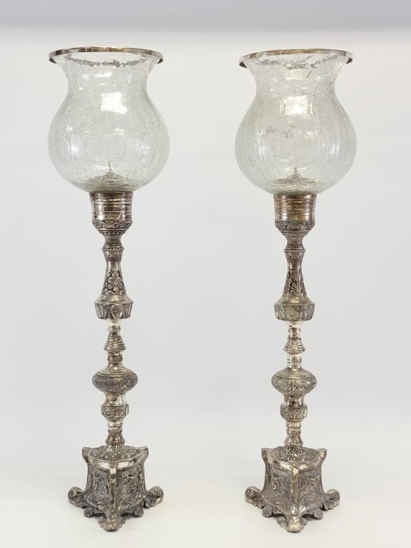PAIR SILVER PLATED & GLASS HURRICANE CANDLESTICKS (1 of 20)