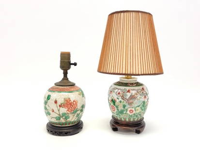 2 SMALL CHINESE QING DYNASTY GINGER JAR TABLE LAMP: Lot of two small Chinese late Qing Dynasty ginger jars mounted as table lamps. Includes one Kangxi revival measuring 6.75"