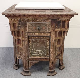 18TH C PERSIAN POLYCHROME DECORATED WOOD TABLE: 18th century or possibly early 19th century Persian Islamic polychrome decorated wood table. Measures a total of 28.75" tall x 26.75" x 26.75" square. Condition: missing tile or marble inlay from top