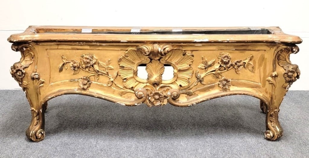 ANTIQUE 18TH C LOUIS XV GILTWOOD PLANTER: Antique 18th century Louis XV giltwood planter frame, fitted with a tin liner. Measures a total of 53" wide x 19" tall x 15" deep. Condition: scattered losses to finish with some of them touched up wi