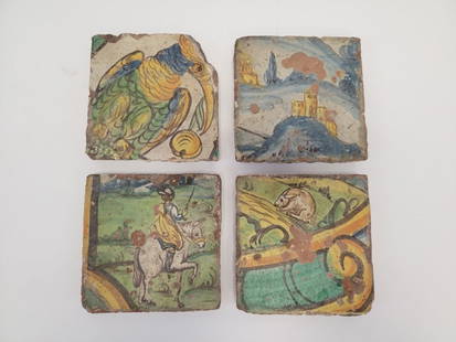 4 EARLY HAND PAINTED POLYCHROME FAIENCE TILES: Lot of four early hand painted polychrome faience majolica tiles. Terracotta construction with heavy remains of old mortar when salvaged. Possibly Italian, Portuguese, Spanish, or Talavera. Estimated