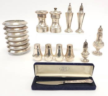 ASSORTED WEIGHTED STERLING SILVER TABLEWARES: Lot of assorted weighted sterling silver tablewares. Includes several salt / papper shakers, 7 sterling and glass coasters, and a sterling handled letter opener. Condition: minor scattered dings and d