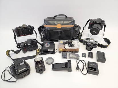 FOUR NIKON CAMERAS ETC: FG, D7000, N2020, D100 +: Lot of four Nikon Cameras, plus a number of various accessories. Cameras include the Nikon FG, D7000, N2020, and D100. Lot also includes a set of Nikon 7x21 7.1 degree binoculars, flash, Nikon MD-14,