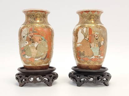 PAIR ANTIQUE 19TH C JAPANESE SATSUMA SMALL VASES: Pair of antique 19th c Japanese late Edo or early Meiji period Satsuma small vases, both with wooden stands (stands are slightly different sizes). Vases alone measure 5.7" tall x 3.4" diameter. Unmark