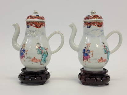TWO CHINESE EXPORT FAMILLE ROSE CRUETS MINI TEAPOT: Two Chinese export Famille Rose porcelain lidded cruets or miniature teapots, Jiaqing period ca. 1800. Each one measuring 5.25" tall x about 4.75" long. Unmarked and unsigned. Each one decorated with