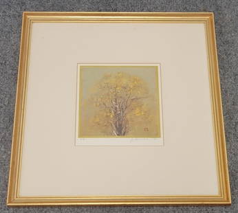 JOICHI HOSHI "YOUNG LEAVES" SIGNED WOODBLOCK PRINT: Joichi Hoshi colored and pencil signed woodblock print titled "Young Leaves". Titled with Chinese characters lower left margin, signed and dated lower right "J. Hoshi '77". Frame measures 16.6" tall x