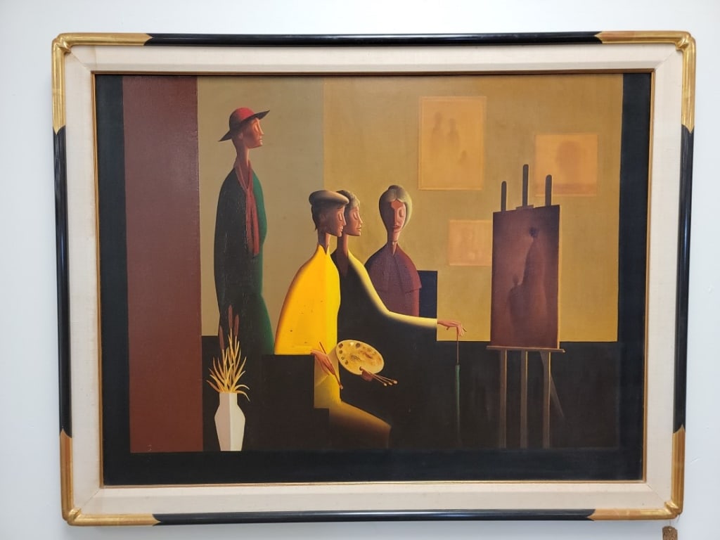 DRAGO IVANISEVIC OIL ON CANVAS MODERNIST PAINTING: Drago Ivanisevic oil on canvas modernist style painting depicting an artist with several onlookers. Measuring (canvas) 30" tall x 40" wide, and (frame) 35" tall x 45" wide. Signed lower right. Conditi