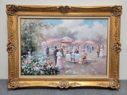 DANY COOPER OIL ON CANVAS PAINTING: GARDEN PARTY: Dany Cooper oil on canvas painting depicting a Victorian style garden party. Signed lower right. Measures (frame) 34.25" tall x 46" wide and 3" deep, and (canvas) 24" x 36" wide. Condition: no damage