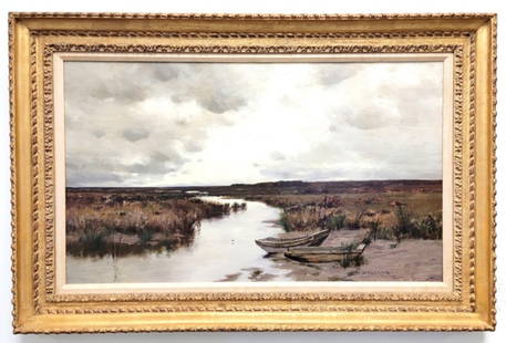 BRUCE CRANE (AMERICAN, 1857 - 1937), OIL ON CANVAS: BRUCE CRANE (AMERICAN, 1857 - 1937), oil on canvas painting. Signed and dated "Bruce Crane N.Y. 1884" lower right; 18" x 30" canvas; later gilt frame, 24 3/4" x 37 1/4". Condition as viewed under UV l