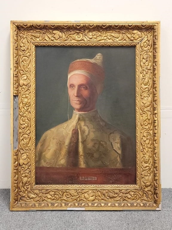 ANTIQUE OIL ON CANVAS PAINTING AFTER BELLINI: Antique oil on canvas painting circa 19th c of the Doge Leonardo Loredan after Giovanni Bellini. Measures (frame) 31.25" tall x 27.75" wide, and (canvas) 24" x 17.5" wide. Unsigned. Condition: canvas