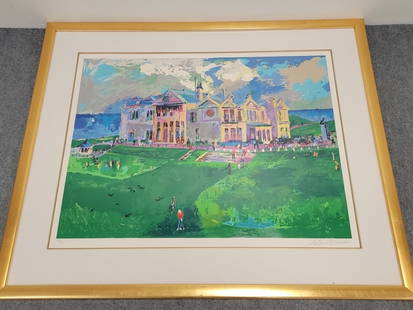 LEROY NEIMAN SERIGRAPH CLUBHOUSE AT OLD ST ANDREWS: Leroy Neiman hand signed limited edition serigraph titled "Clubhouse at Old St. Andrew's". Under acrylic in a gold tone frame. Numbered 316/375 and signed in pencil lower margin. Image measures 27" ta