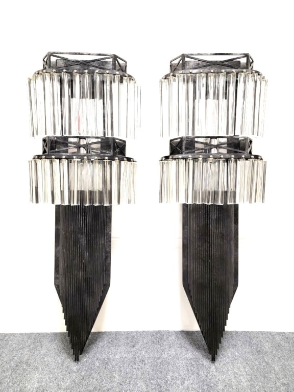 PR HEAVY ART DECO STYLE IRON & CRYSTAL WALL SCONCE (1 of 16)