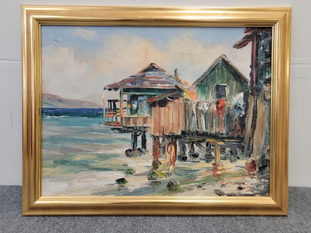HAJIME OKUDA OIL ON CANVAS PAINTING, "LAHAINA": Hajime Okuda oil on canvas painting, titled verso "Lahaina". Measures a total of 22" tall x 28" wide (frame), and 17.5" tall x 23.5" wide (sight). Signed both on the front lower right (and dated '69),