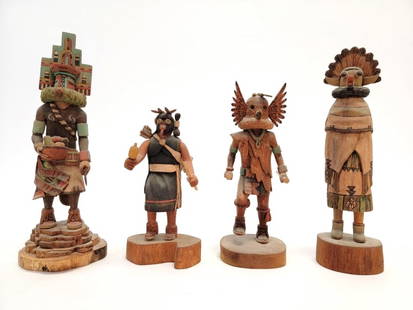 FOUR VINTAGE CARVED WOOD KACHINA DOLLS KASERO, ETC: Lot of four vintage carved and painted wood Kachina dolls. Includes two by Bobby Kasero "Shalako", and "Warrior Maiden". Also includes a doll by Ron Chimerica, and one by Woody Sewemaenewa. All pieces