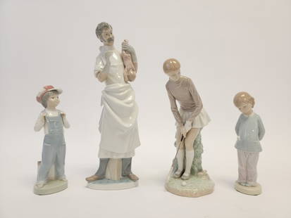 FOUR LLADRO PORCELAIN FIGURINES: Lot of four Lladro Spanish porcelain figurines. Includes Doctor Obstetrician #4763, Woman Golf Player #4851, Boy from Madrid #4898, and Punishment #4899. Tallest is the Obstetrician at 14". Condition: