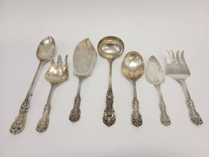 7 REED & BARTON "FRANCIS I" STERLING SERVE UTENSIL: Lot of 7 Reed & Barton "Francis I" solid sterling silver serving utensils. Includes 9.5" cake server, 9.875" fish serving fork, 11.75" fish serving knife, 9.5" 2- piece salad serving set (fork and spo