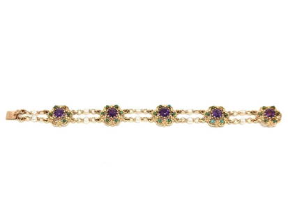 VICTORIAN 14K YG, AMETHYST, PEARL & EMERALD BRACEL: Antique Victorian 14k yellow gold, amethyst, pearl, & emerald bracelet. Marked 14k once on each end of the box clasp. Wearable length is 7", width is 16mm. Condition: missing three emeralds and appear