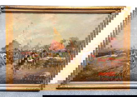 ANTIQUE 19TH C OIL ON CANVAS PAINTING FLOWER SELLE: Antique 19th century oil on canvas painting signed "A Rogger" lower left corner. Depicting a Dutch flower market with ships in the background. Measures (frame) 31.5" tall x 46" wide, and (canvas stret