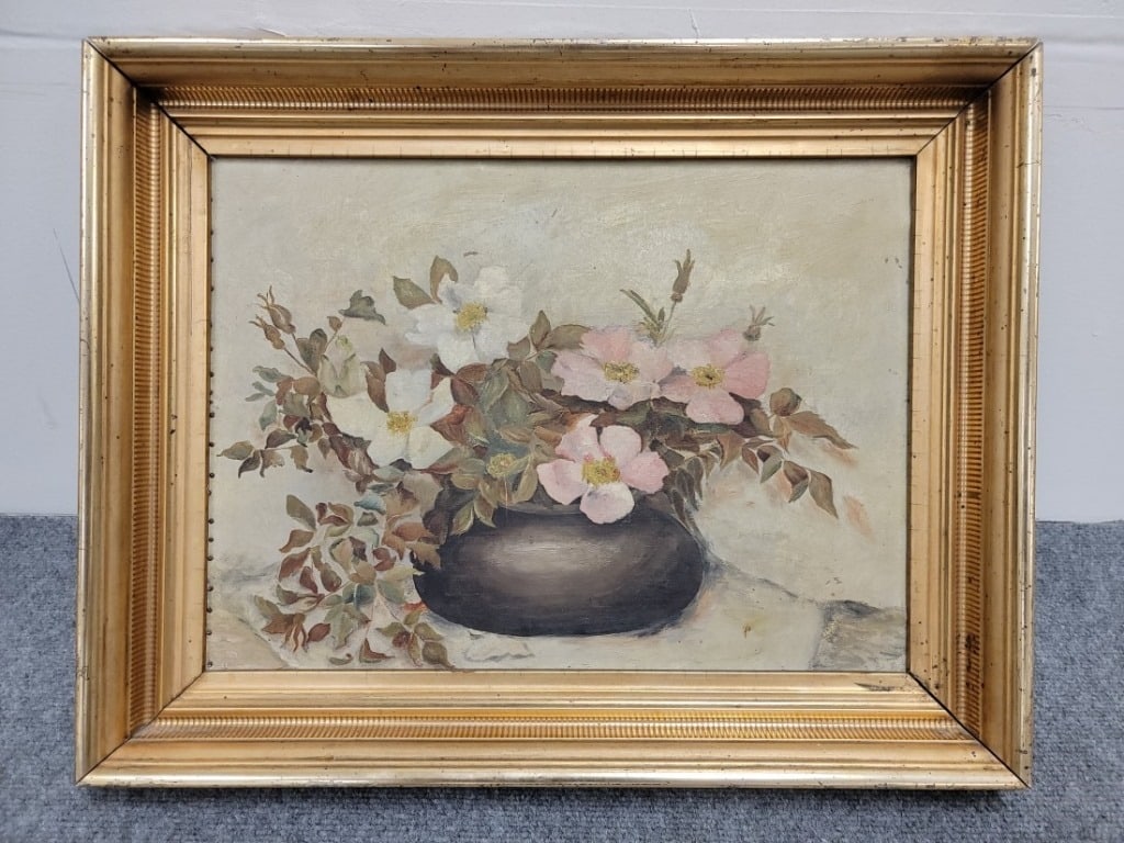 ANTIQUE OIL ON CANVAS STILL LIFE PAINTING: Antique oil on canvas still life painting of flower in a vase, unsigned. Original period giltwood frame measuring 17.75" tall x 22.5" wide and 2.2" thick. Condition: normal signs of age and wear to fr