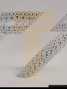 ALEXANDER NEY ABSTRACT WHITE TERRACOTTA SCULPTURE: Alexander Ney (Russian, b. 1939) abstract white terracotta sculpture. Measures 11.5" tall x 7.125" wide and 3.5" deep. Signed on base "ALNEY". Condition: some glue from the manufacturing process showi