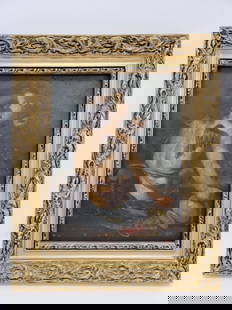 ANTIQUE ITALIAN SCHOOL CHERUB PAINTING ON PANEL: Antique 17th or 18th century Italian school painting on curly oak panel depicting a cherub holding a rose. No apparent signature. Panel measures 14.75" tall x 11.25" wide. Frame measures a total of 19