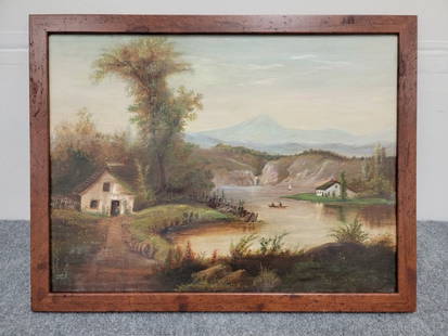 ANTIQUE OIL ON CANVAS LANDSCAPE SCENE PAINTING: Antique late 19th century oil on canvas landscae scene painting. Unknown artist, unsigned. Frame measures 20" tall x 25.75" wide and canvas stretcher measures 18" x 24". Condition: painting has been c