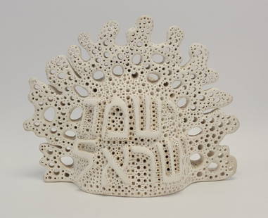 ALEXANDER NEY ABSTRACT WHITE TERRACOTTA SCULPTURE: Alexander Ney (Russian, b.1939) abstract white terracotta sculpture. Measures 14.5" tall x about 18.5" wide and 8.5" deep. Signed and dated on base "ALNEY 90". Includes catalog and some gallery paperw