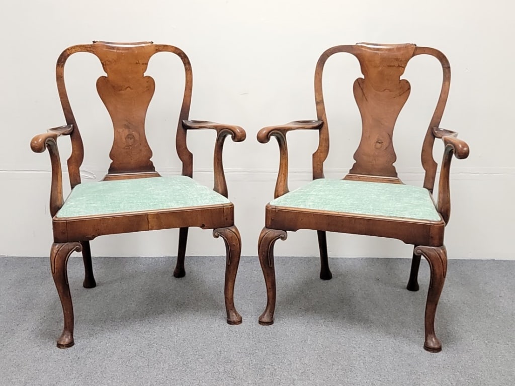 PAIR ANTIQUE 19TH C QUEEN ANNE STYLE ARMCHAIRS (1 of 20)