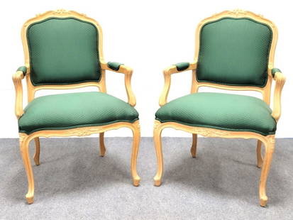 PAIR ETHAN ALLEN FRENCH COUNTRY BERGERE ARMCHAIRS: Pair of Ethan Allen French country or Rococo style bergere armchairs. Blond colored carved wood frames with green and gold colored fabric upholstery. Each one measuring a total of 40" tall x 26" wide