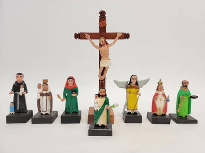 EIGHT ROBERTO RIVERA CARVED WOOD SANTOS FIGURES: Lot of eight Roberto Rivera folk art carved and painted wood santos figures. Includes San Rafael, San Vicente de Paul, San la Malta, San Jose Padre, San Pedro, Untitled, El Nino de Praga, and El Cruci