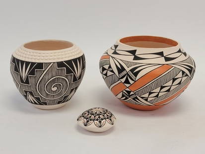 THREE ACOMA POTTERY POTS, LELAND VALLO, G. GARCIA: Lot of three Acoma, NM pottery pots. Includestwo by Leland Vallo, and one larger one signed G. Garcia measuring 5.75" tall x 8.5" diameter. Each piece signed on base. Condition: good, no damages, see