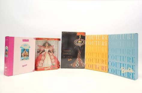 COLLECTION FIVE VINTAGE BARBIES: COUTURE, EGYPTIAN: Collection of five vintage collectible boxed Barbie dolls. Includes Happy Holidays Special Edition 10th Hallmark Anniversary Barbie (5th in series, 1997), Egyptian Queen Barbie (1993), Serenade in Sat