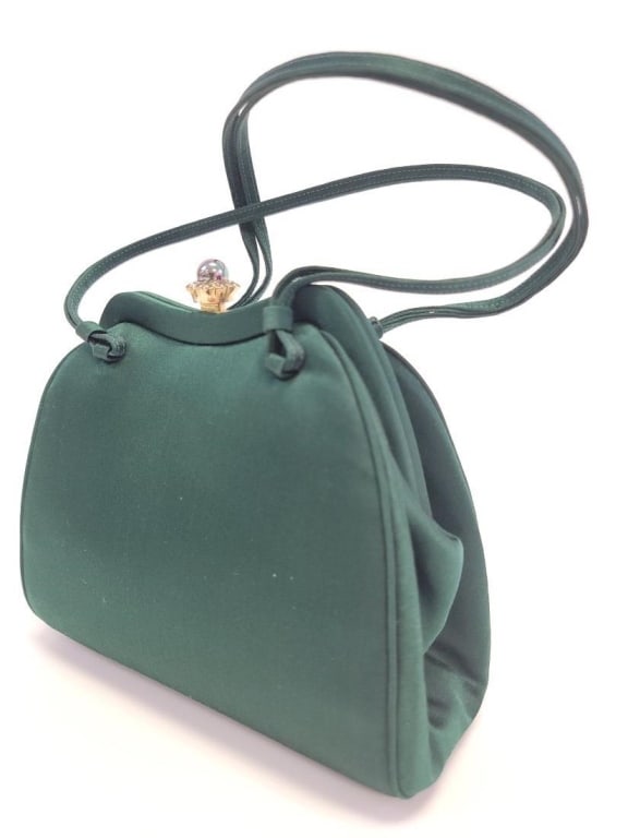 JUDITH LEIBER DARK GREEN SATIN TOP HANDLE BAG (1 of 12)