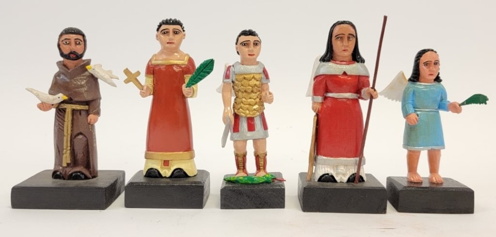 FIVE ROBERTO RIVERA CARVED WOOD SANTOS FIGURES: Lot of five Roberto Rivera folk art carved and painted wood santos figures. Corozal, Puerto Rico. Includes San Miguel, San Rafael, San Francisco, San Lorenzo, and San Gabriel. Tallest measures 6" tall