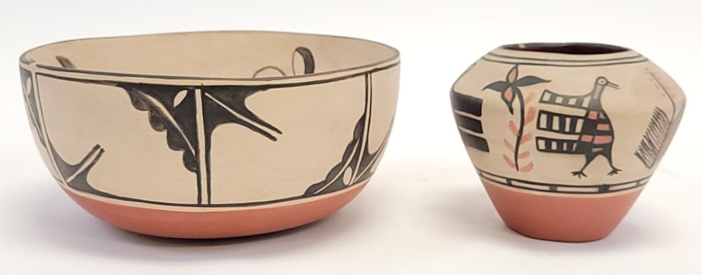 TWO PC PAULITA PACHECO KEWA PUEBLO REDWARE POTTERY: Two pieces of Paulita Pacheco Kewa Pueblo polychrome redware pottery, Santo Domingo. Includes a 4.75" tall x 10.125" diameter bowl, and a 4.75" tall x 6.25" diameter pot. Both pieces signed "Paulita P