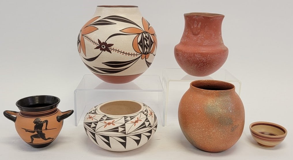 SIX POTTERY VESSELS, NATIVE AMERICAN PUEBLO, etc: Lot of six Native American Pueblo pottery vessels. The largest being 8" tall and signed Sratyu'we (Gladys Paquin). Also includes W.W. Velarde Jicarilla Apache, Micaton, L.A. Cheromiah Old Laguna, N.M.