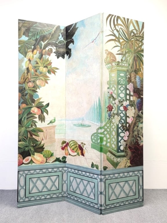MAITLAND SMITH HAND PAINTED ROOM DIVIDER SCREEN: Maitland Smith hand painted three panel room divider screen measuring 7' tall x a total of 5'6" wide (22" each panel). Subject: patio scene with monkey. Tagged near the base. Condition: a few scattere