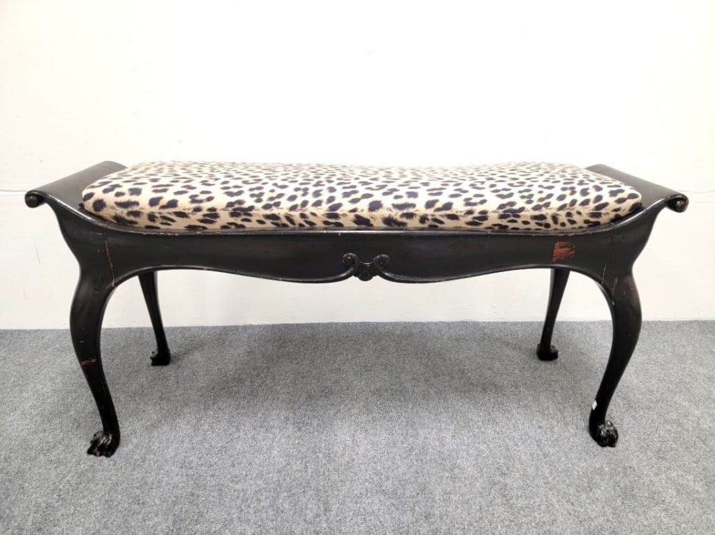 VINTAGE PETITE BLACK LOUIS XV STYLE BENCH: Vintage petite Louis XV style bench with cheetah print fabric upholstery and a modern black finished frame. Measures 20" tall x 43.5" long and 14" wide. Condition: fading and minor marks to fabric uph