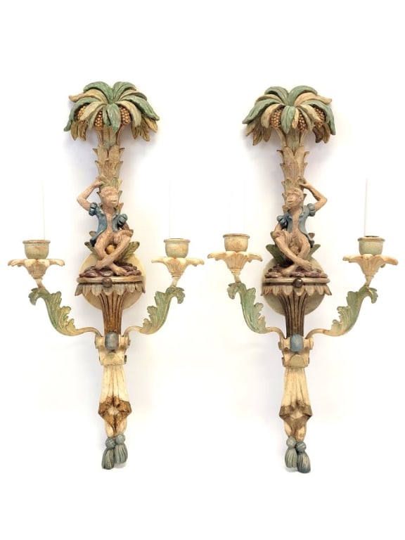 PAIR VINTAGE ITALIAN MONKEY BUTLER WALL SCONCES: Pair of vintage Italian polychrome finished carved wood monkey butler wall sconces. Each one measures 26.5" tall x 12.5" wide and 6" deep. Condition: some minor surface cracks to gesso finish, no loss