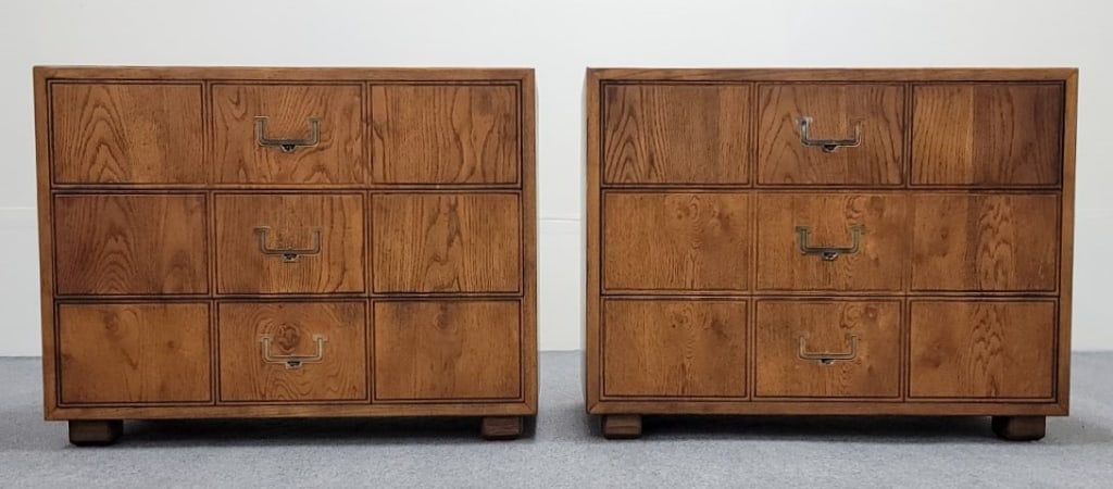 PAIR ARTEFACTS BY HENREDON CAMPAIGN STYLE CHESTS: Pair of campaign style chests by Artefacts by Henredon. Each one measures 26" tall x 33" wide and 18" deep. Brass hardware. Condition: good with normal signs of age and use, see images. Weight: total