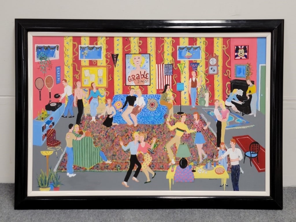 BILL MARLIEB NAIVE OIL ON CANVAS PAINTING: PARTY: Bill Marlieb naive style oil on canvas painting, subject: dance party. Signed lower mid right "WMarlieb". Measures (frame) 29" tall x 41" wide, and (canvas) 24" x 36" wide. Condition: good, no damage 