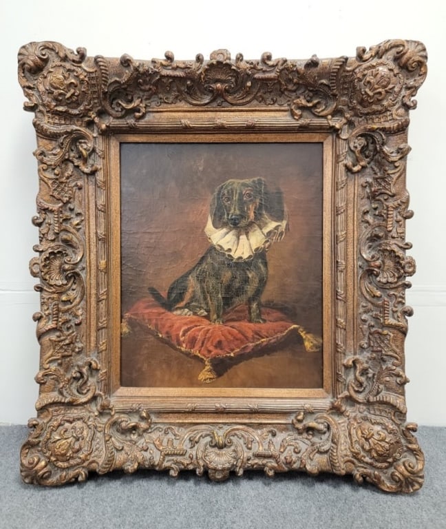 RENAISSANCE STYLE PAINTING OF A DACHSHUND: Decorative Renaissance style oil on panel painting of a Dachshund dog. Unsigned. Frame measures a total of 38.5" tall x 35" wide. Condition: some intentional craquelure to painting finish, overall goo