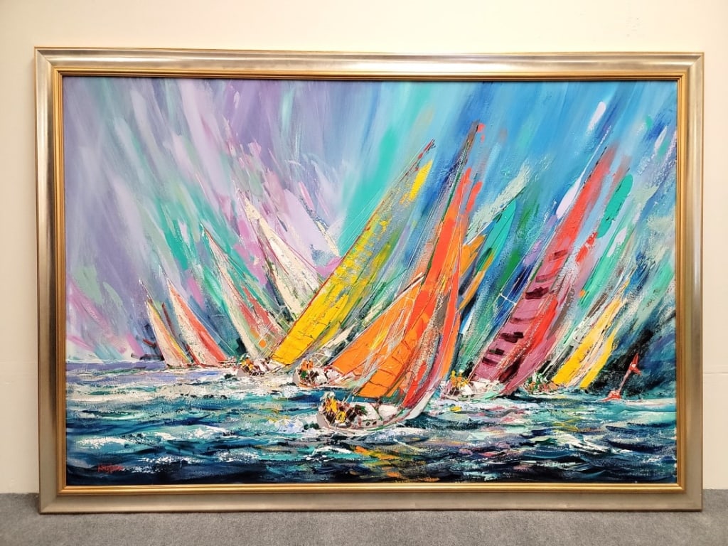 KERRY HALLAM OIL ON CANVAS PAINTING SAILING REGATTA: Kerry Hallam (British-American b. 1937) oil on canvas painting depicting a sailing regatta. Framed in a gold tone frame, measuring a total of 54.5" tall x 78.75" wide, the canvas itself measures 48" t