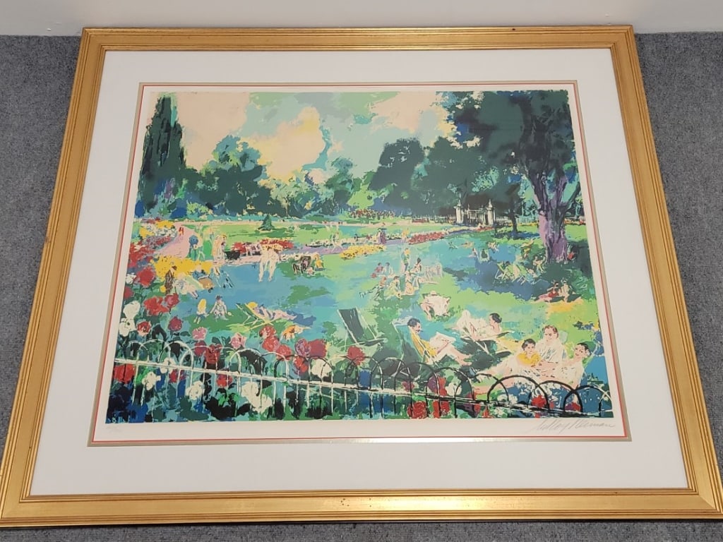 LEROY NEIMAN SERIGRAPH "REGENT'S PARK LONDON": Leroy Neiman hand signed limited edition serigraph titled "Regent's Park", London. Matted under glass in a gold tone frame. Signed and numbered in pencil lower margin. Measures (frame) 41" tall x 47" 
