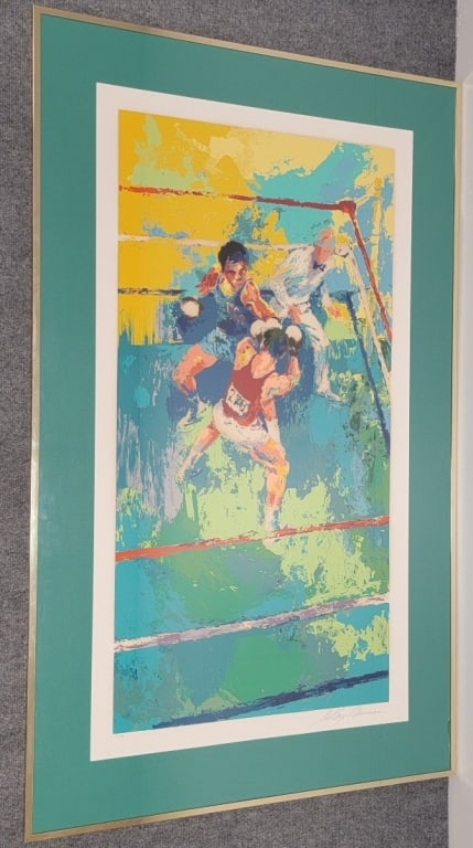 LEROY NEIMAN SIGNED SERIGRAPH OLYMPIC BOXING MOSCO: Leroy Neiman limited edition hand signed silkscreen serigraph, "Olympic Boxing Moscow 1980". Pencil signed lower right and numbered lower left "121/300". Matted and under glass in a gold tone frame me