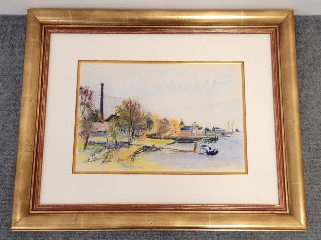 WOLF KAHN PASTEL PAINTING ON PAPER LANDSCAPE HARBOR: Wolf Kahn pastel painting on paper, titled on gallery label verso "Landscape with Harbor". Painting is signed and dated lower right "W. Kahn 78". Matted and under glass in a gold tone frame measuring