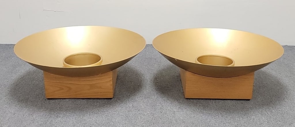 PAIR MCM STYLE GOLD TONE SAUCER FORM PLANTERS: Pair of mid century modern gold tone metal and wood saucer form planters, each measuring a total of 10.25" tall x 28" diameter. Wooden base measures 14" x 14". Center planter pot is removable. Conditi
