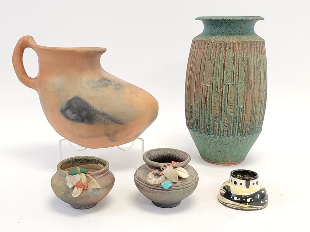 FIVE PC POTTERY: NATIVE AMERICAN PUEBLO, CALI, ETC: Lot of five pieces of assorted pottery. Includes a large 11.6" tall mid century California pottery vase (signature resembles "Brian Wara"), an unsigned redware vessel with handle, two small illegibly